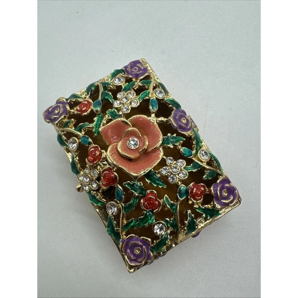 Metal & Enamel Trinket Box, Hinged with Magnetic Closure Floral Rhinestones